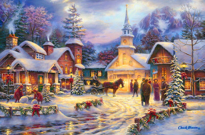 Snowy Village Scene — White, Peaceful, Winter, Painting, Church, Horse-drawn Carriage
