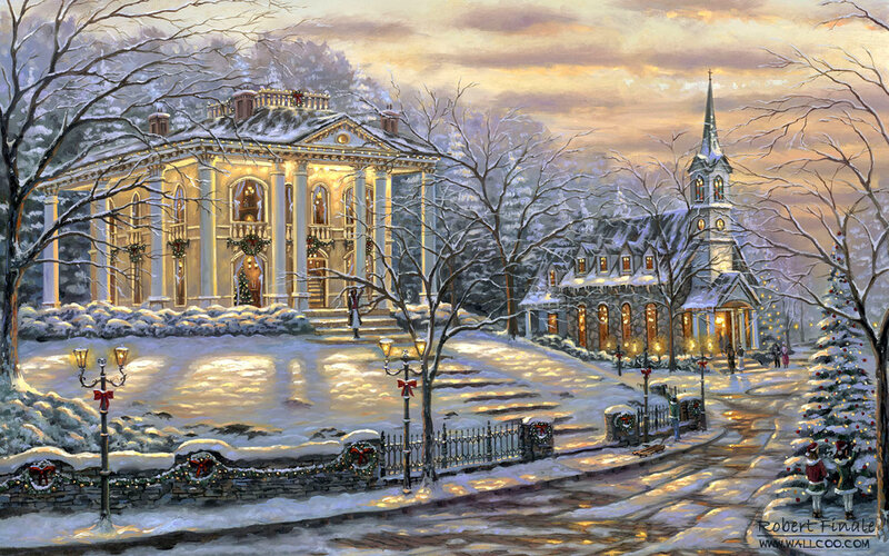 Snowy Village Scene — White, Peaceful, Winter, Painting