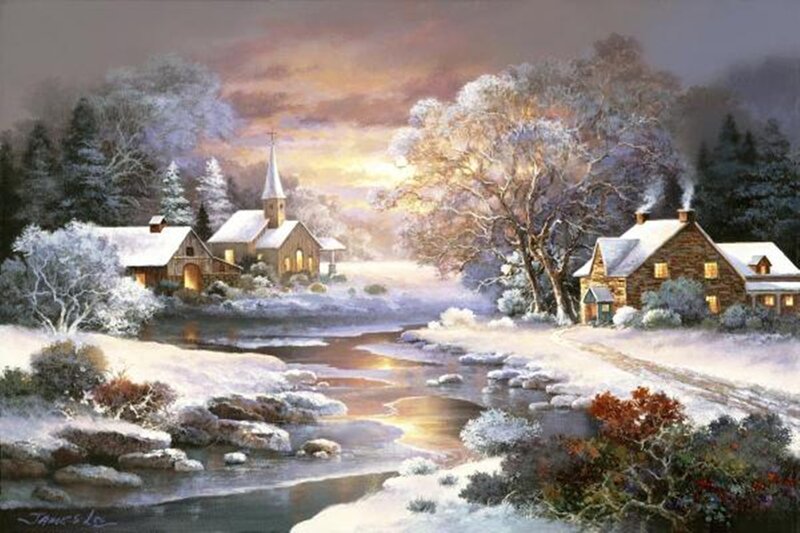 Snowy Village Scene — White, Serene, Winter, Painting, River