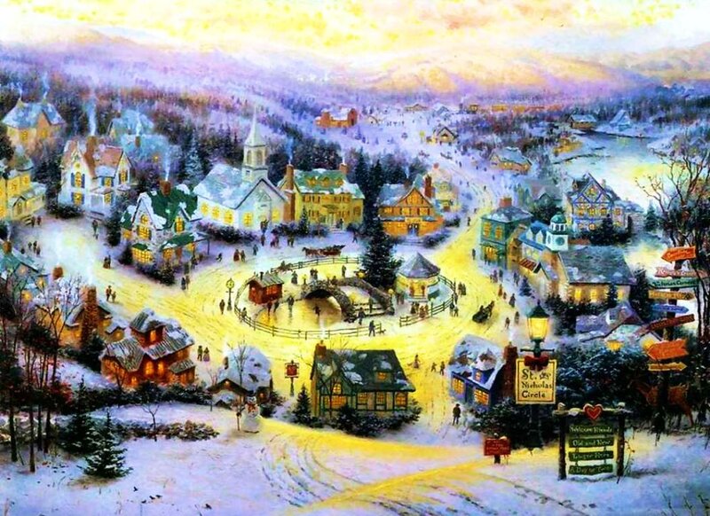 Snowy Village Scene — Yellow, Festive