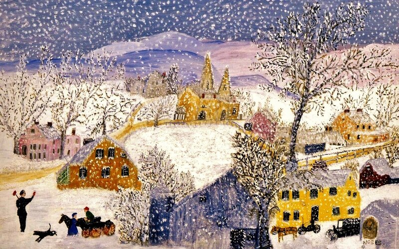 Snowy Village Scene — Yellow, Peaceful