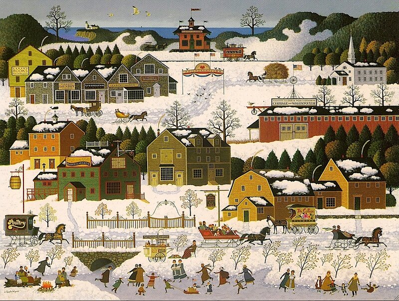 Snowy Village Scene — Yellow