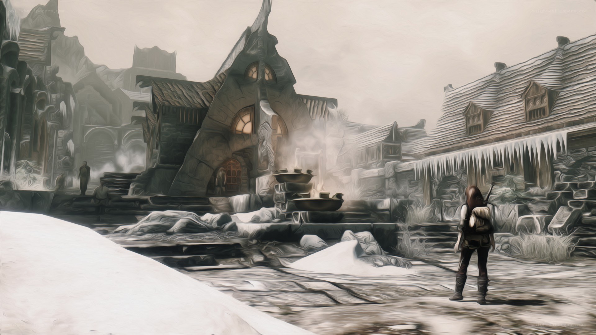 snowy village scene