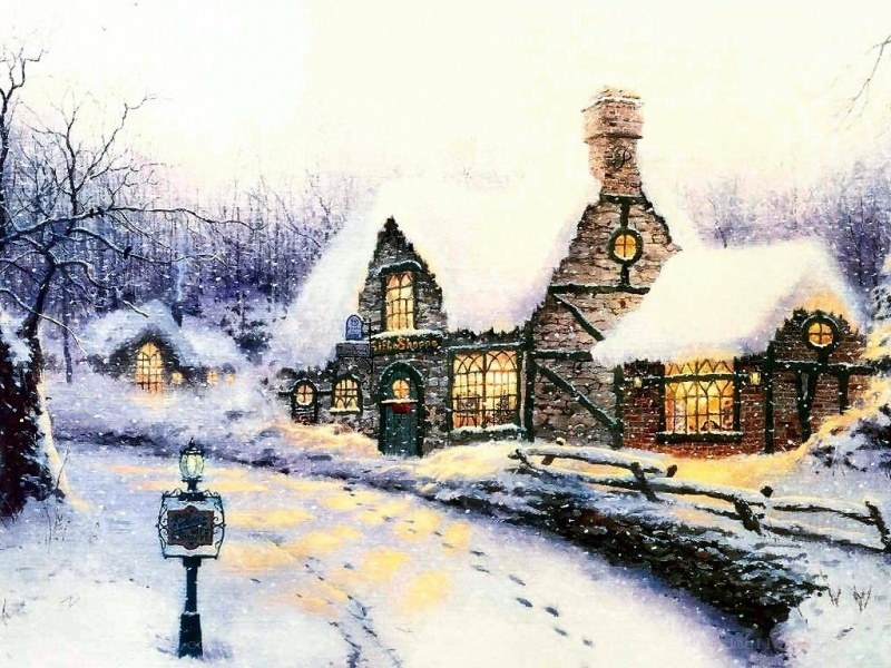 Snowy village shop scene