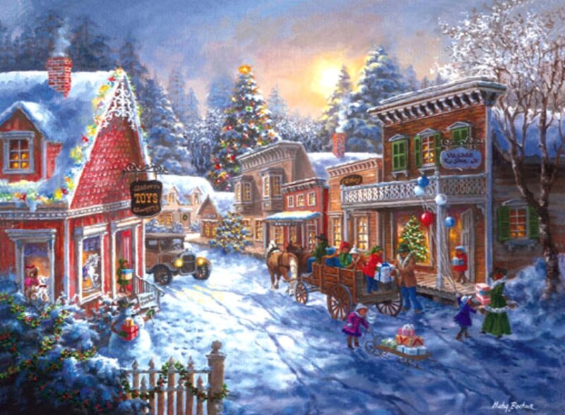 Snowy Village Street — Blue, Festive