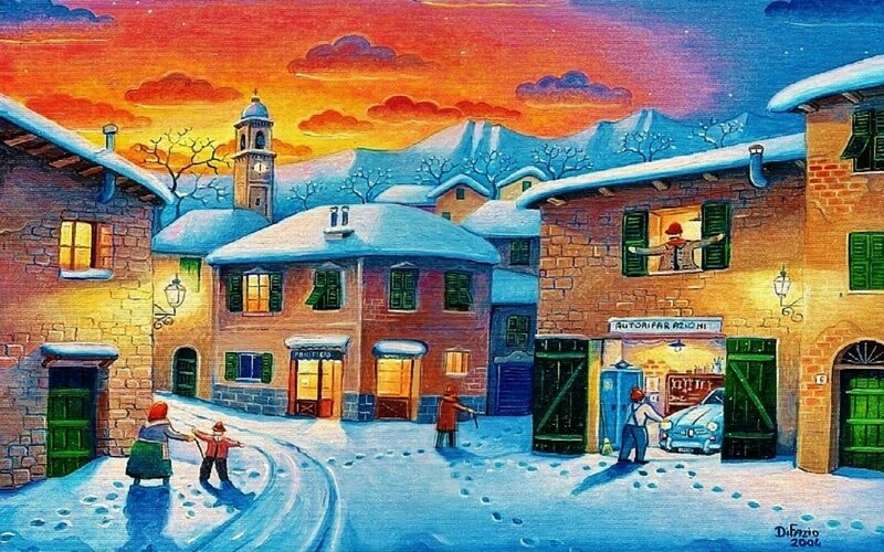 Snowy Village Street — Blue, Peaceful