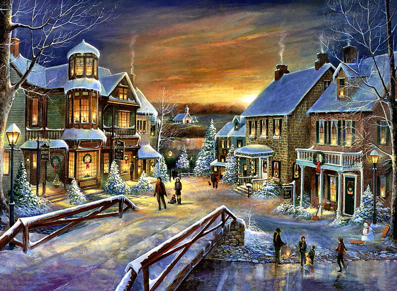 Snowy Village Street — Blue, Peaceful, Winter, Painting