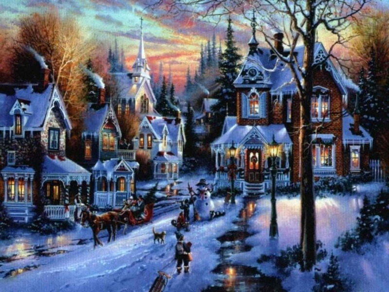 Snowy Village Street — Blue