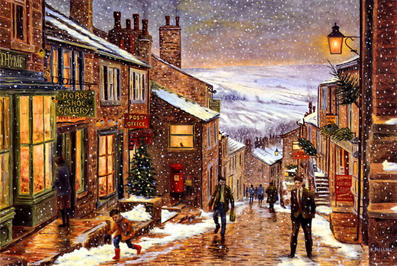 Snowy Village Street — Brown, Cozy