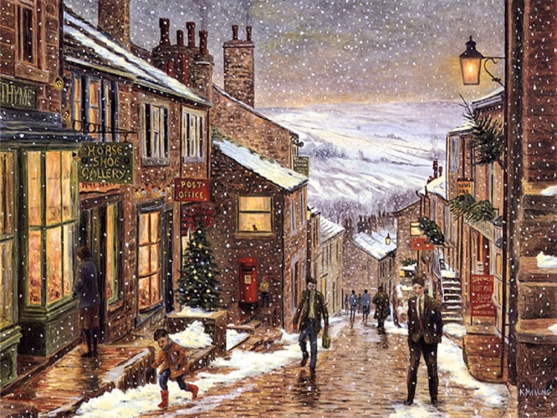 Snowy Village Street — Brown