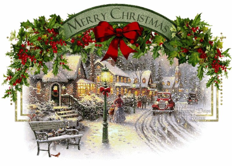 Snowy Village Street — Green, Festive