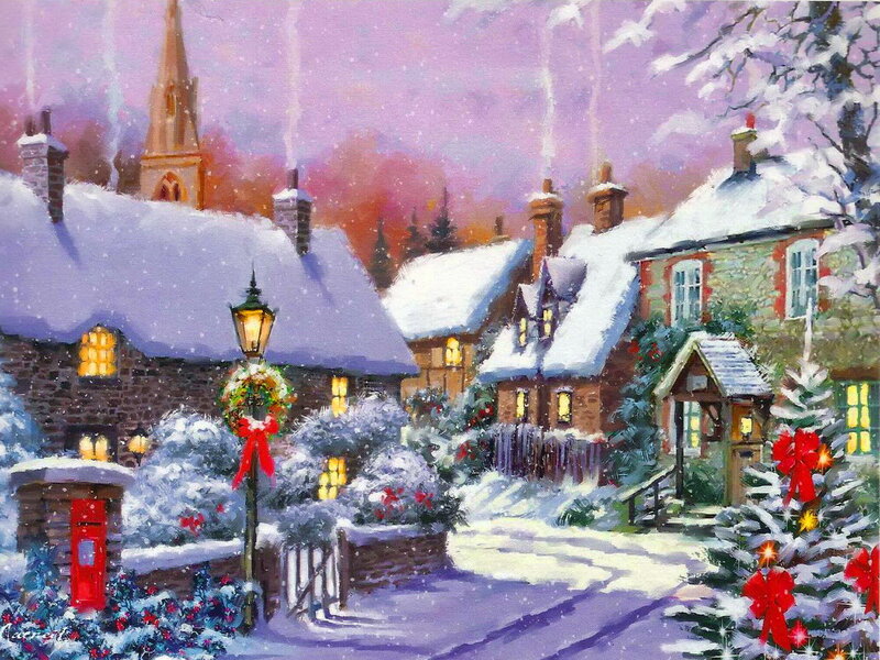 Snowy Village Street — Purple