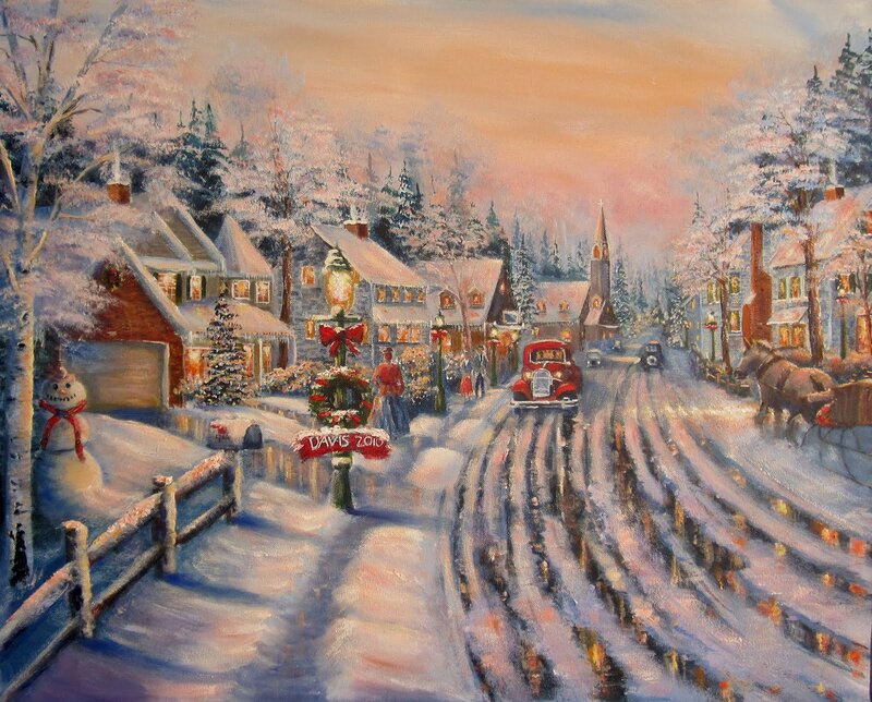 Snowy Village Street — White, Festive, Winter
