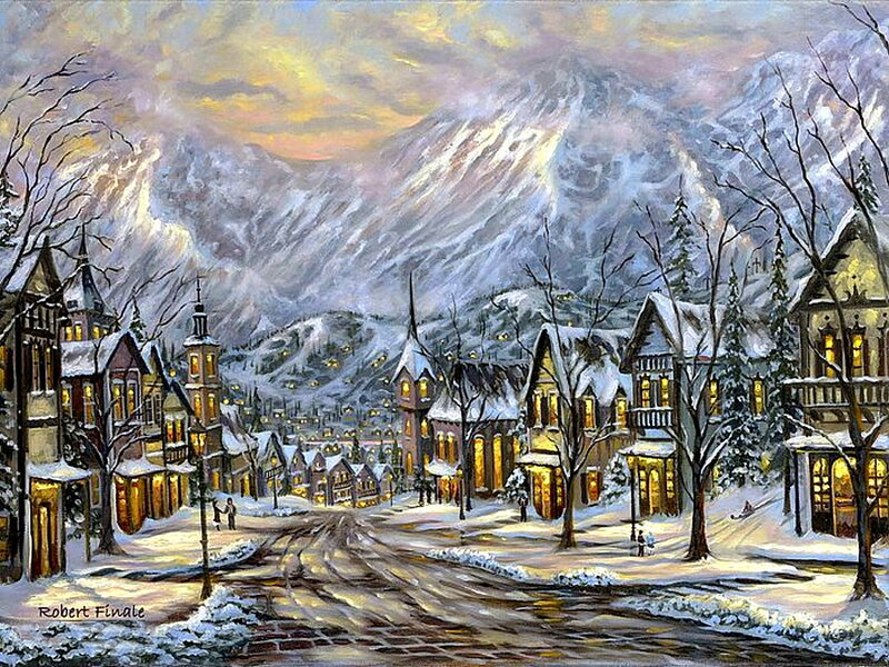 Snowy Village Street — White, Serene