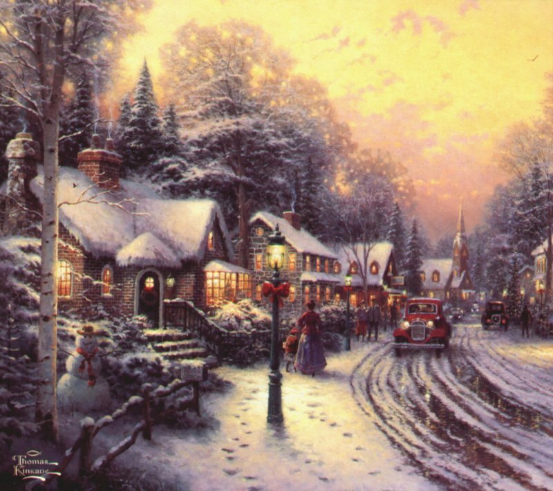 Snowy Village Street — Yellow
