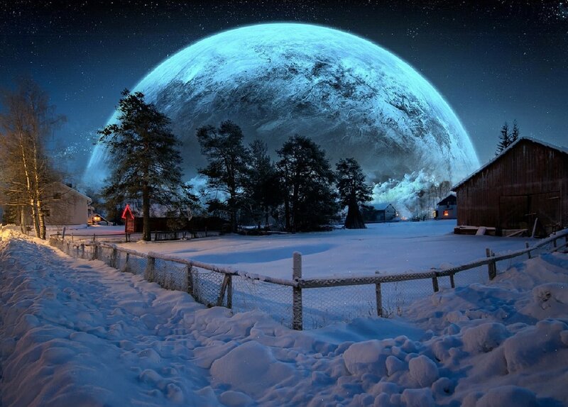 Snowy Village under Giant Moon