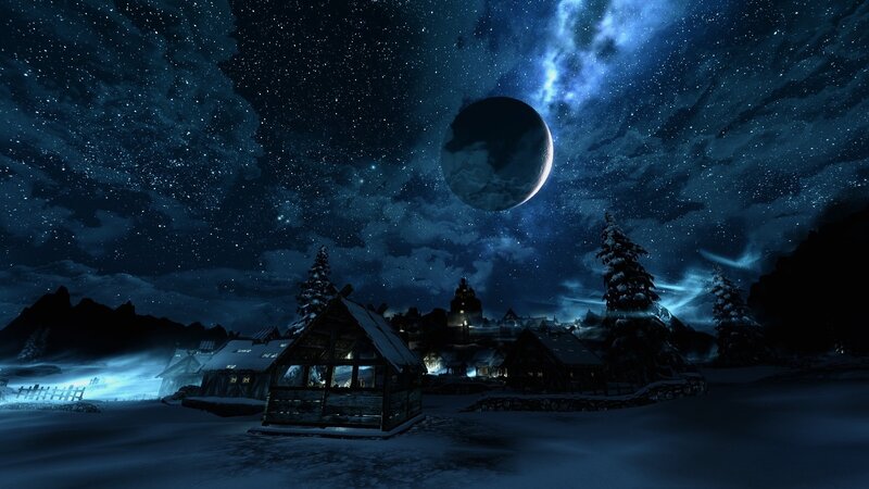 Snowy Village under Moon — Blue