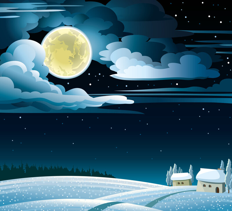 Snowy Village under Moon