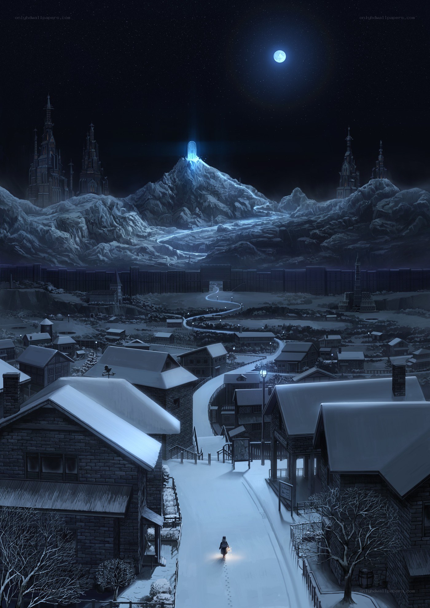 Snowy village under moonlight