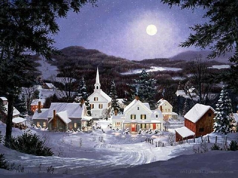 Snowy village under moonlight