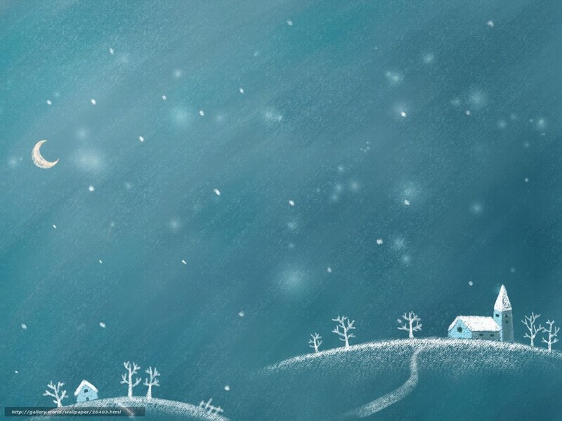 Snowy village under moonlight