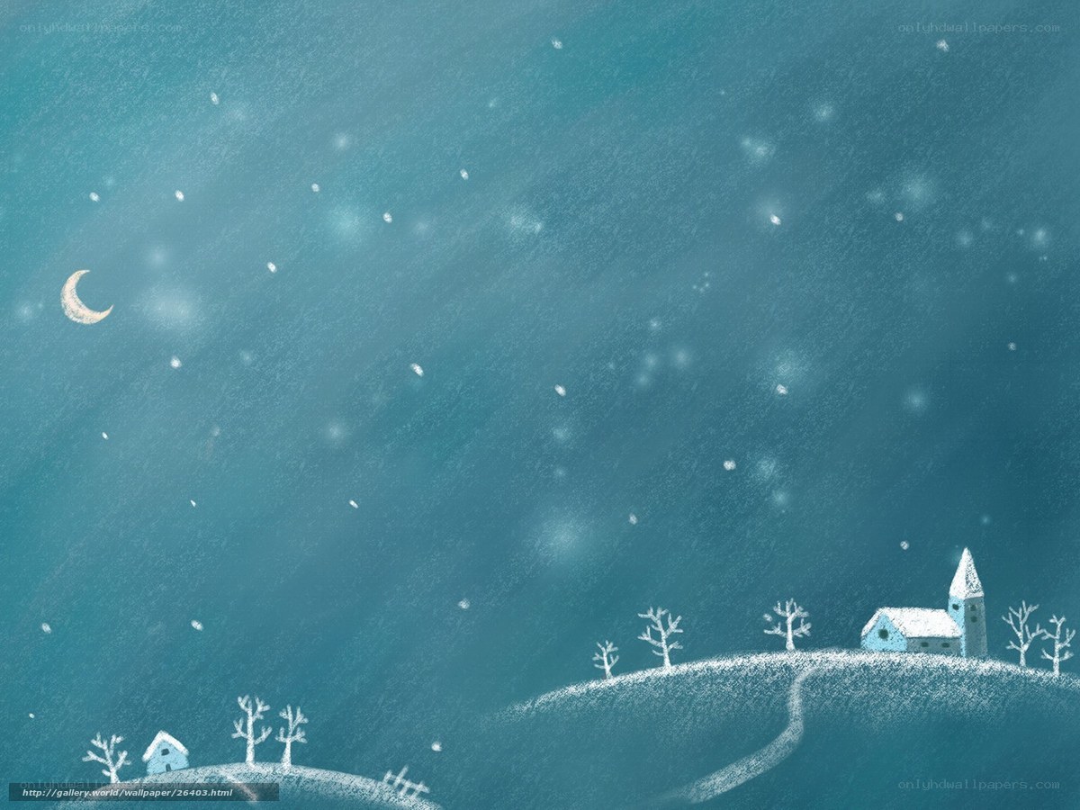 Snowy village under moonlight