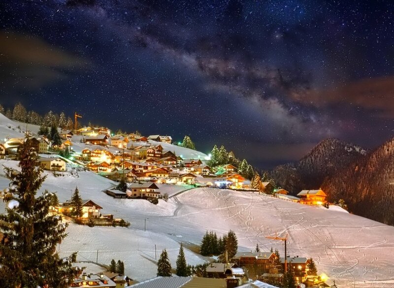 Snowy Village under Stars — White