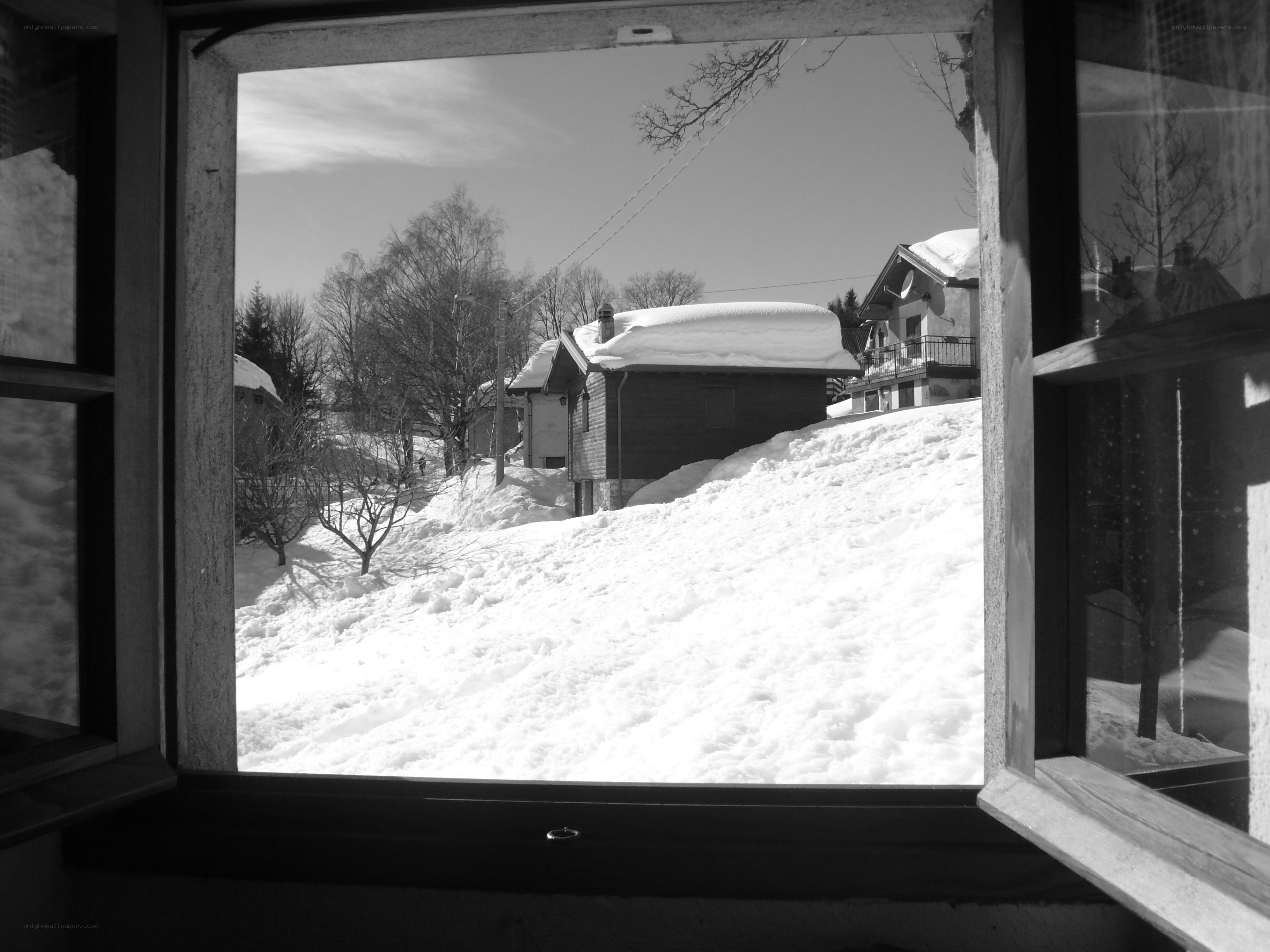 snowy village view from window