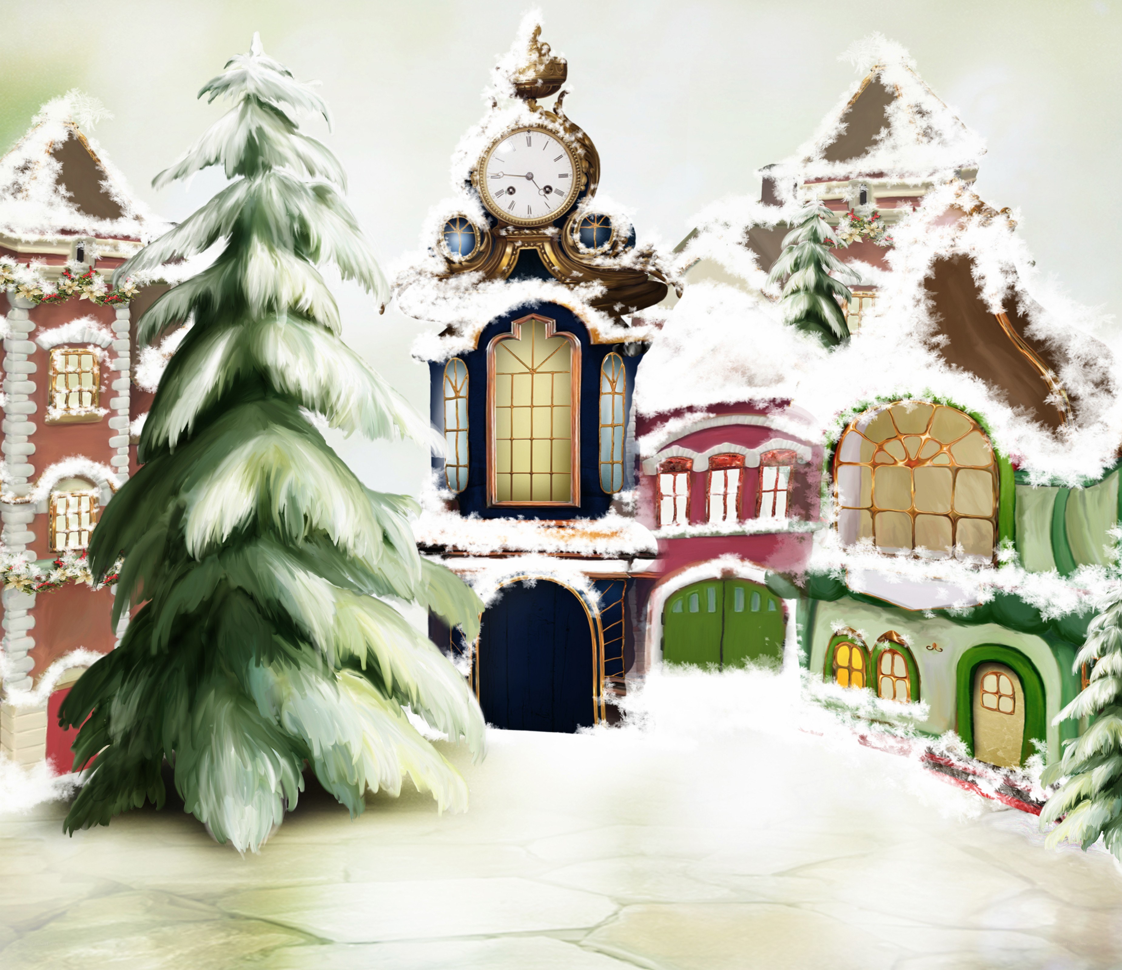 snowy village with clock tower