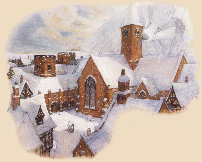 Snowy village with fox spirit