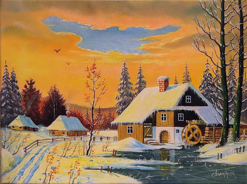 Snowy Village with Mill