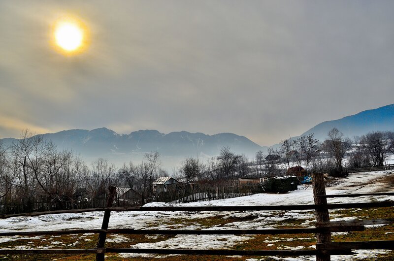 Snowy Village with Mountains — White