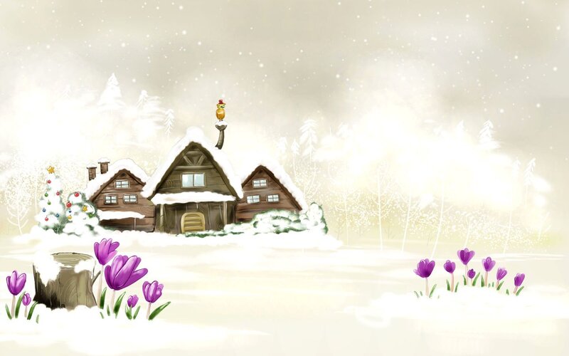 Snowy village with purple flowers