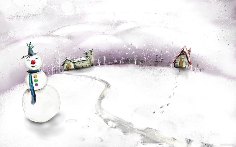 Snowy village with snowman