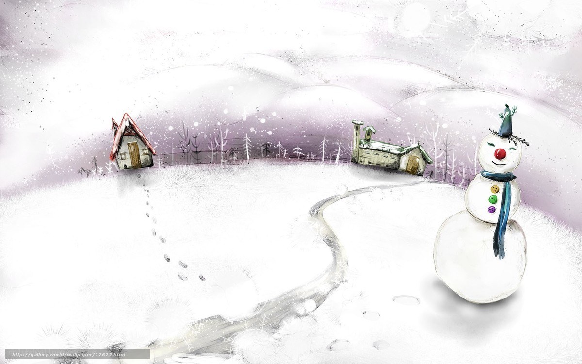 Snowy village with snowman