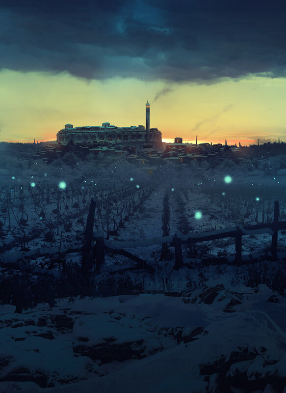 Snowy Vineyard at Dusk