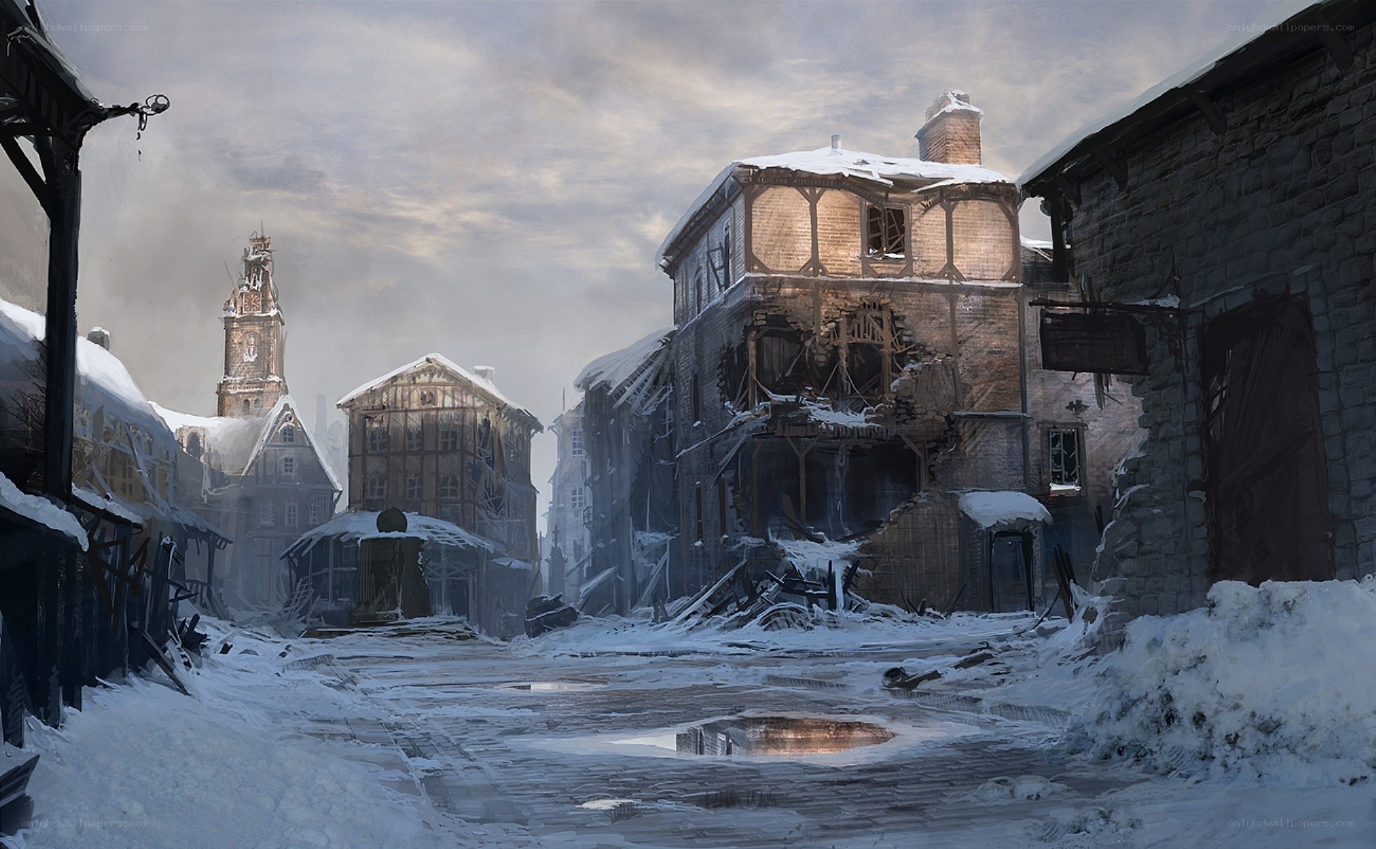 snowy war-torn village