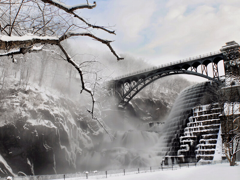 Snowy Waterfall and Bridge — White