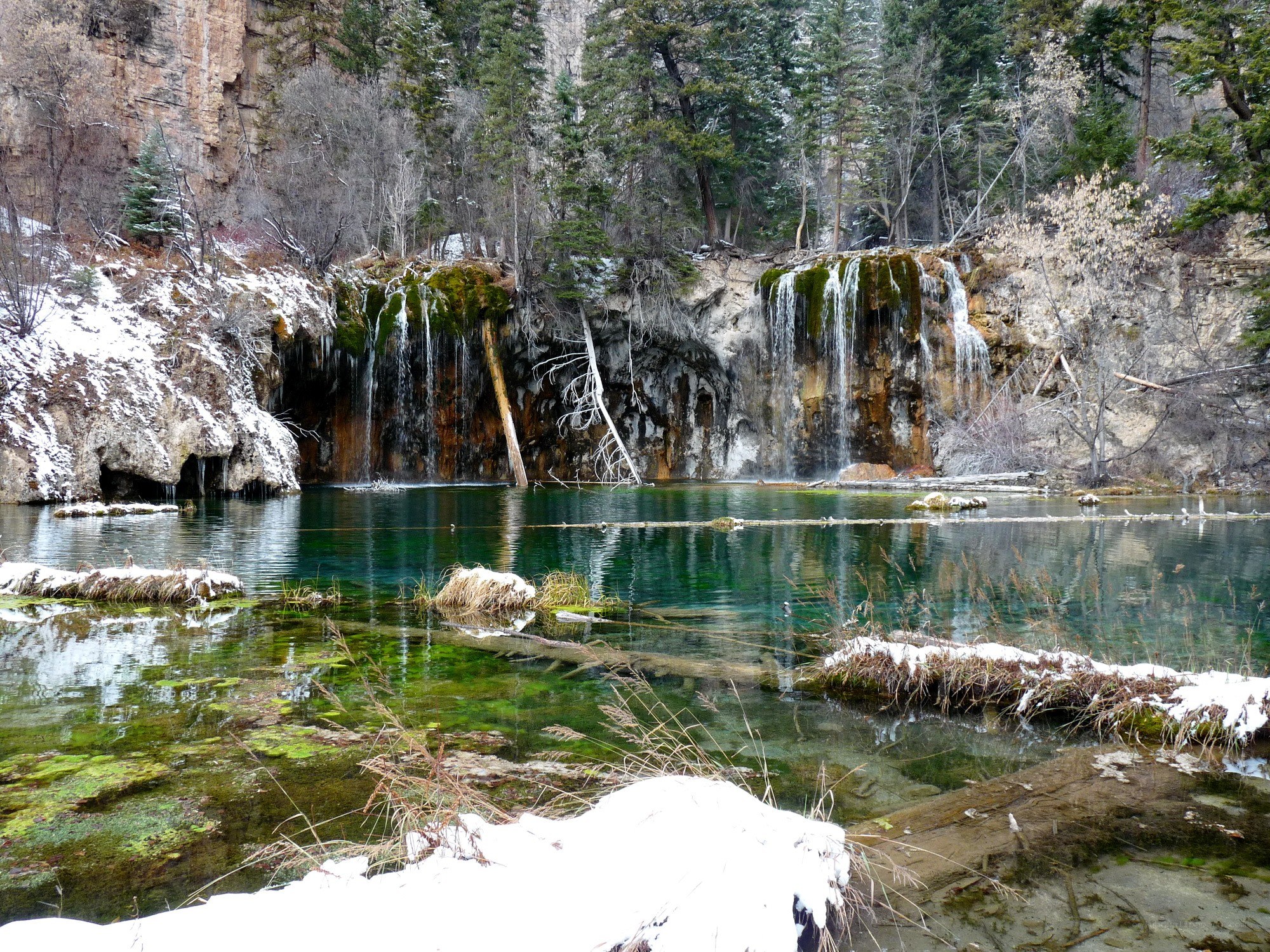 Snowy waterfall in a forest