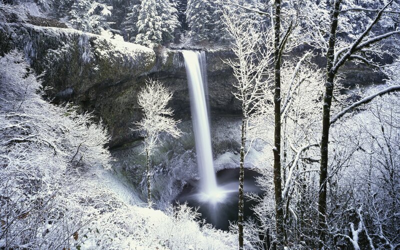 Snowy waterfall in forest