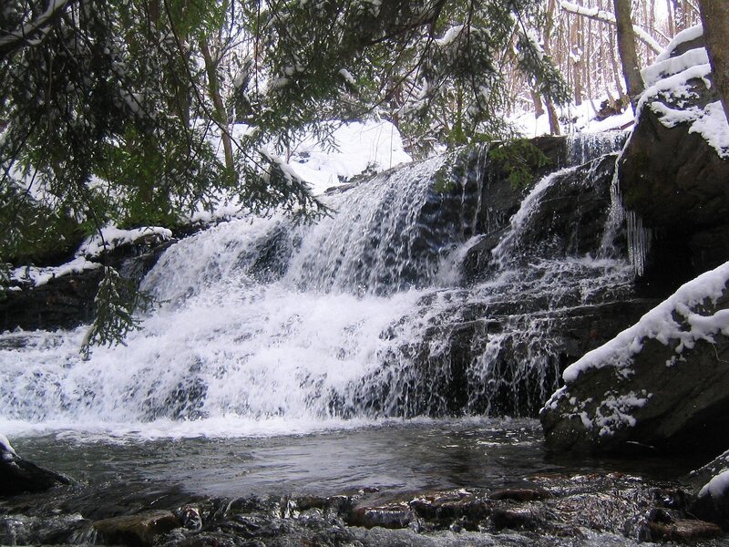 Snowy waterfall in forest