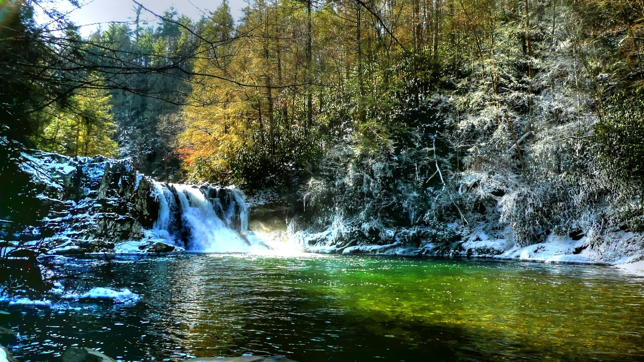 Snowy waterfall in forest