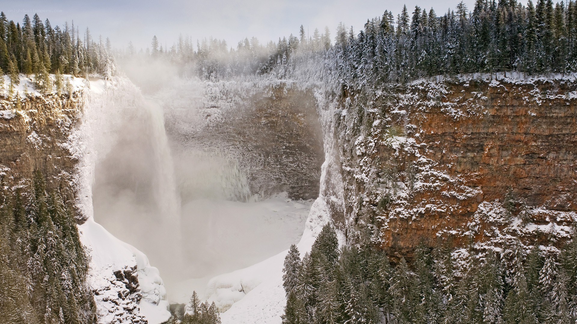 Snowy waterfall in forest