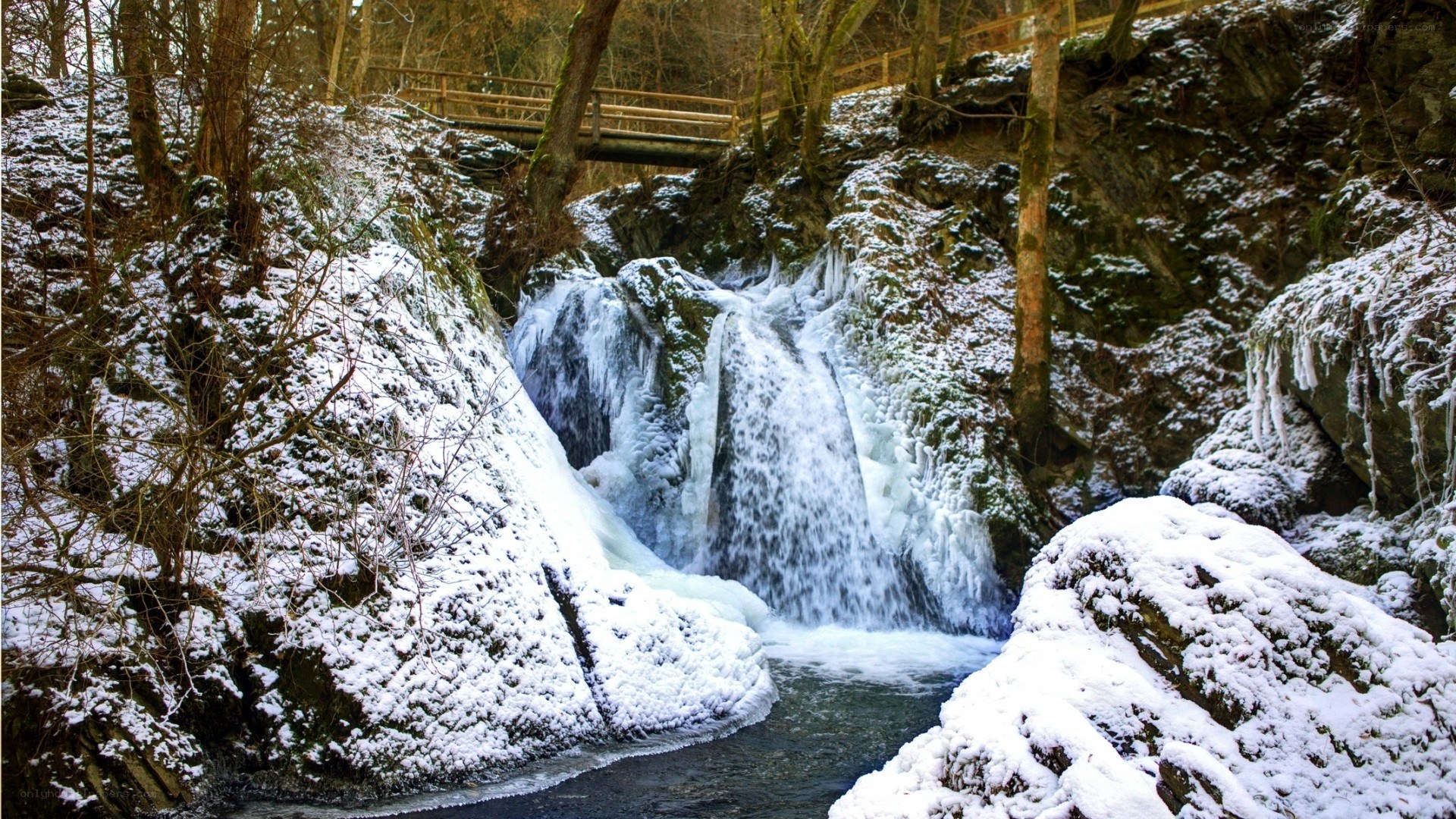 Snowy waterfall in forest