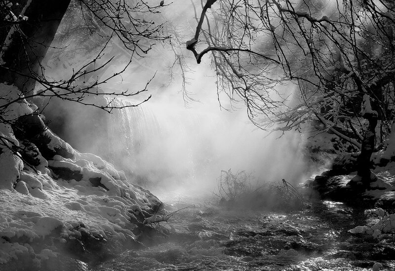 Snowy Waterfall in Forest — Black