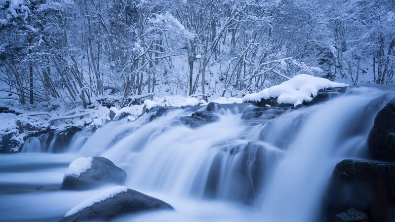 Snowy Waterfall in Forest — Blue, Serene