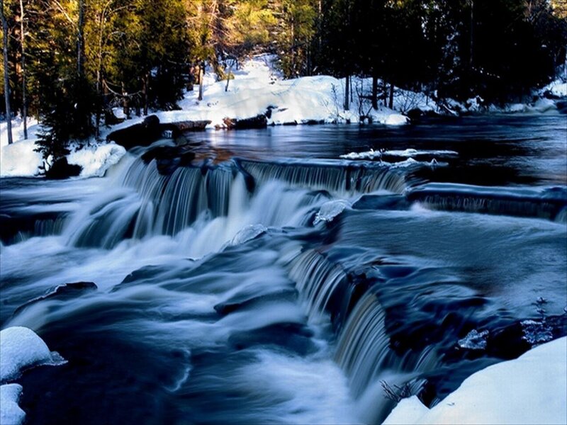 Snowy Waterfall in Forest — Blue, Serene, Winter