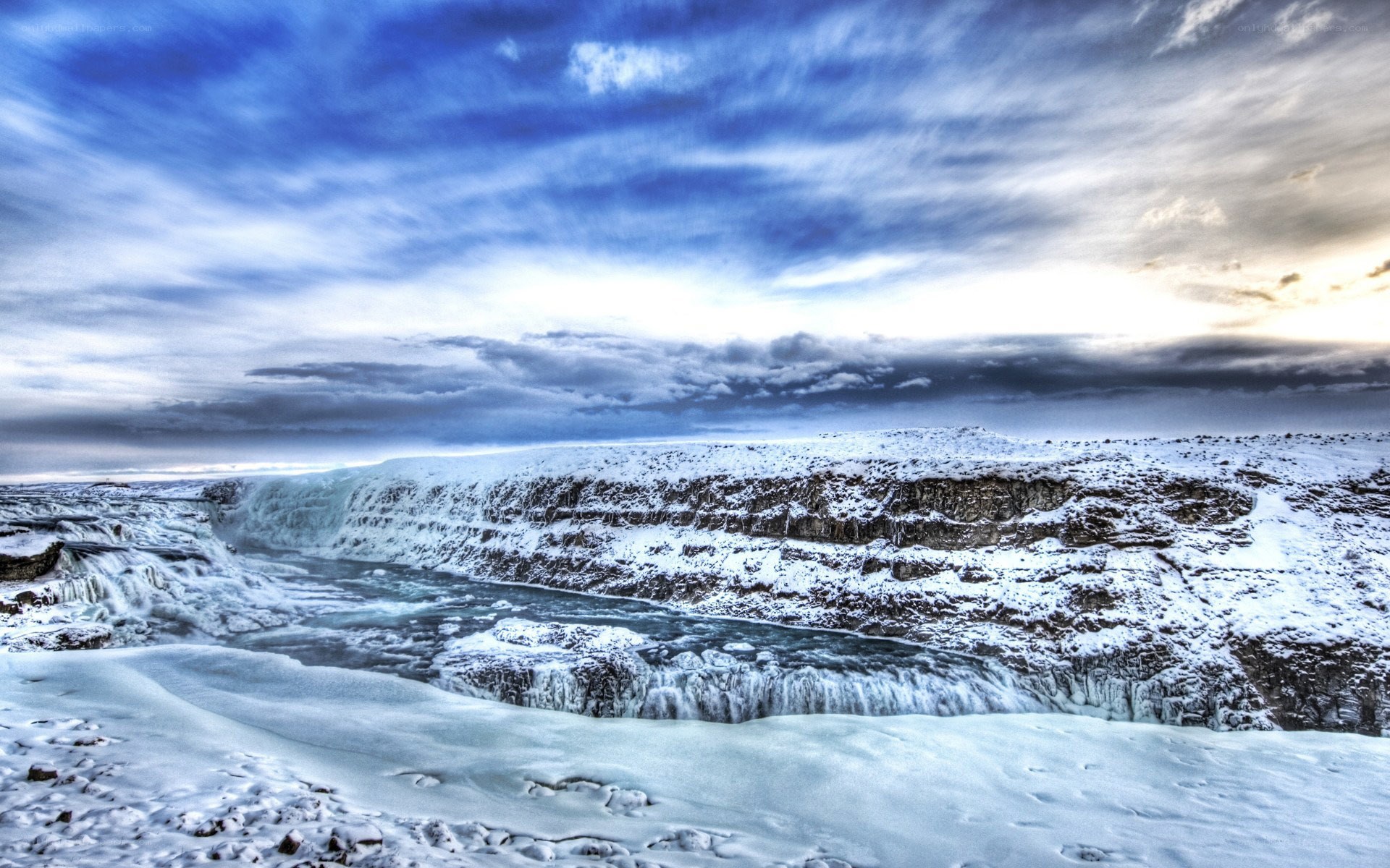 Snowy waterfall in Iceland