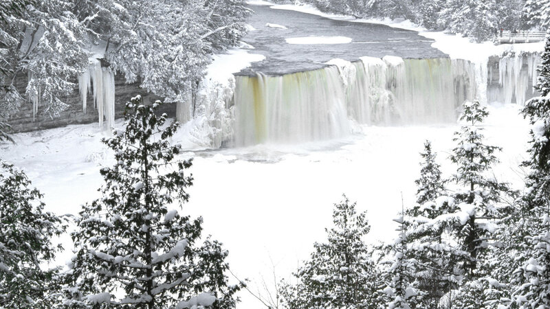 Snowy waterfall in winter