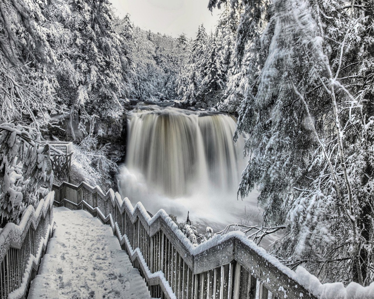Snowy waterfall in winter